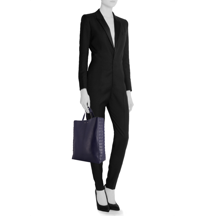 Shopping bag Celine Vertical in pelle blu e pelle trapuntata blu - Detail D1