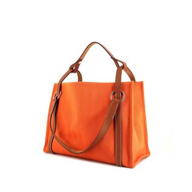 Shopping bag Hermès Cabalicol in tela arancione e pelle naturale