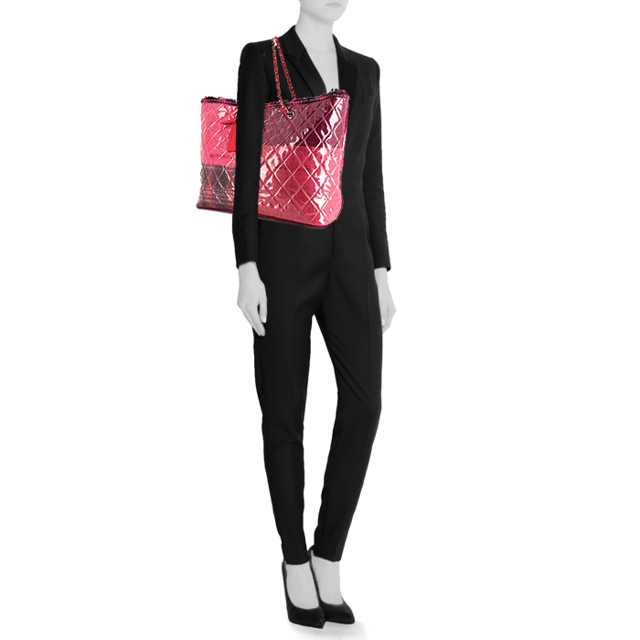 Sac cabas Chanel Funny Tweed en toile enduite deux tons rose et violette et cuir rose - Detail D1