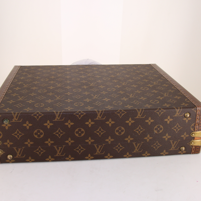 Valise Louis Vuitton President en toile monogram marron et cuir naturel - Detail D4
