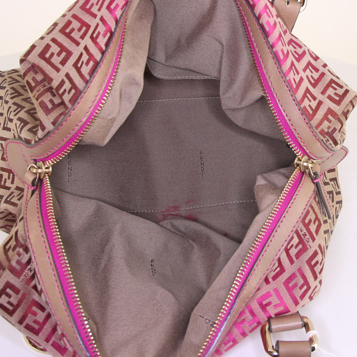 Borsa Fendi Zucca in tela monogram rosa e beige e pelle beige - Detail D2