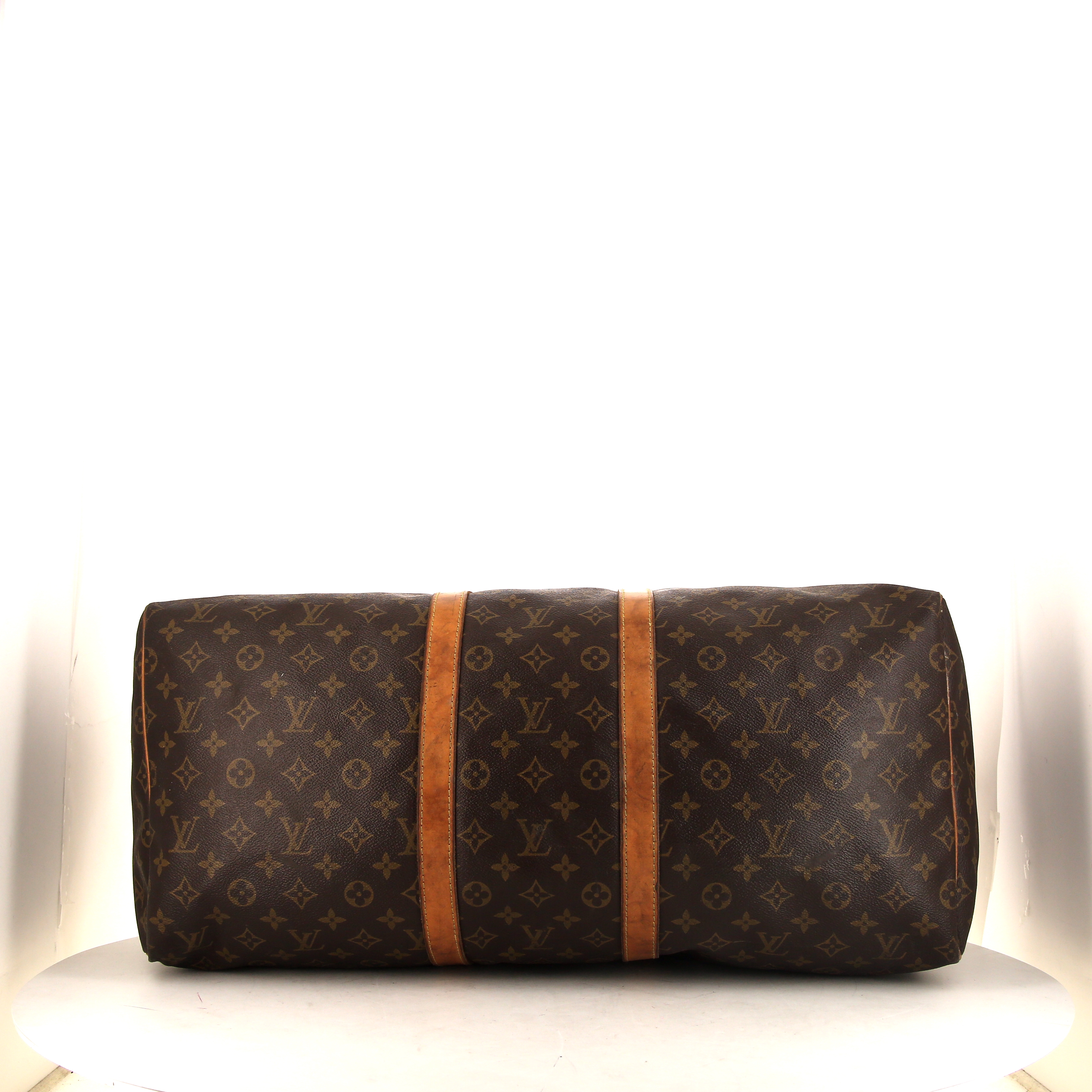 Bolsa de viaje Louis Vuitton Keepall 55 cm en lona Monogram marrón y cuero natural - Detail D4