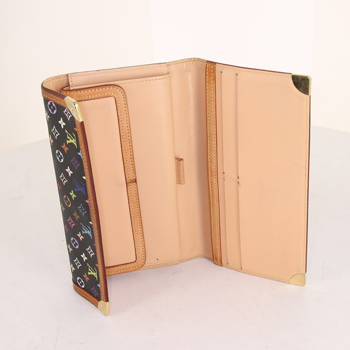 Portefeuille Louis Vuitton Porte Trésor International en toile monogram enduite noire et multicolore et cuir naturel - Detail D2