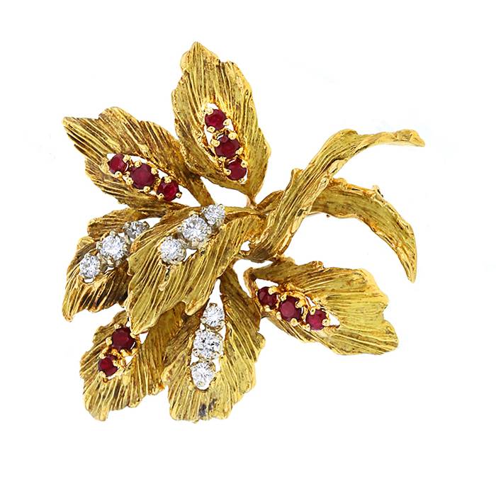 Spilla-ciondolo Vintage in oro giallo,  rubini e diamanti
