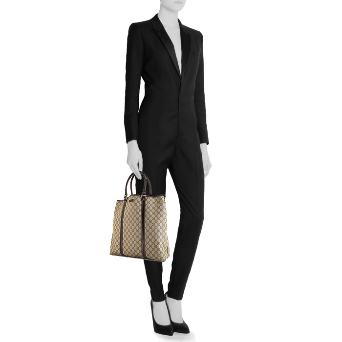 Gucci Joy large model shopping bag in beige monogram canvas and brown leather - Detail D1