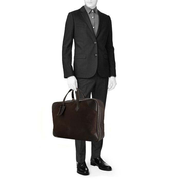 Borsa da viaggio Hermes Victoria in tela marrone e pelle marrone - Detail D1