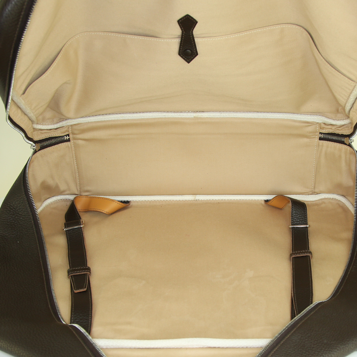Borsa da viaggio Hermes Victoria in tela marrone e pelle marrone - Detail D2