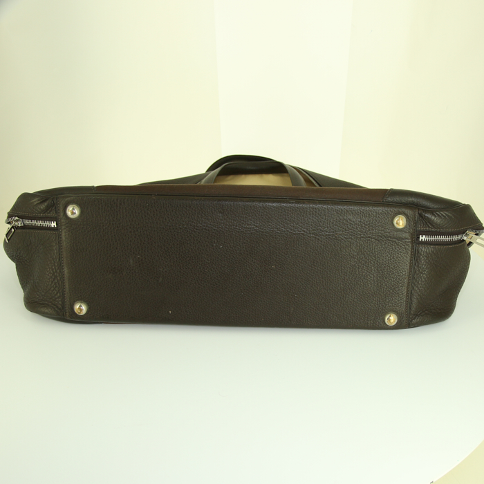 Bolsa de viaje Hermes Victoria en lona marrón y cuero marrón - Detail D4