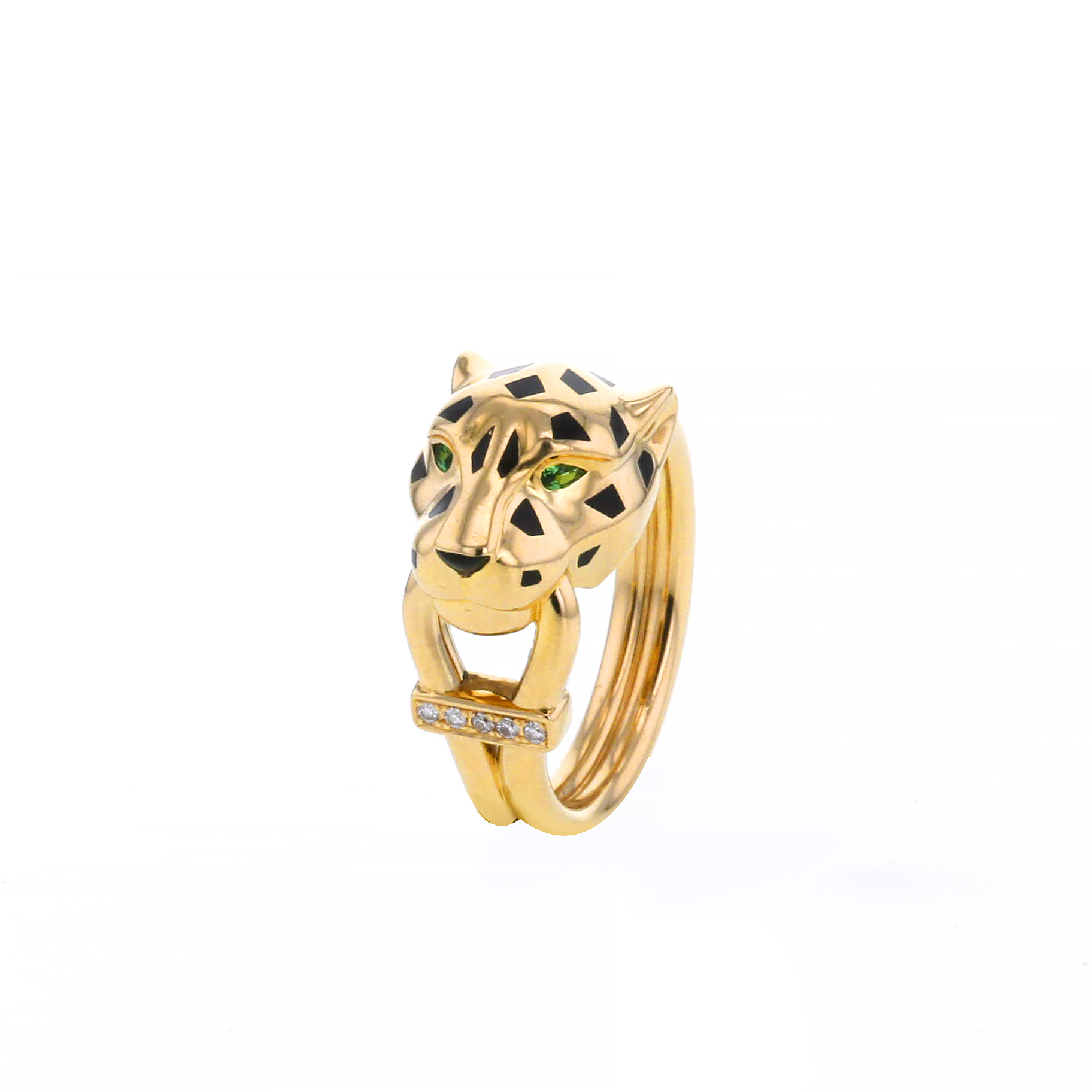 Bague Cartier Panthère en or jaune,  diamants et émail et en tsavorites - Detail D2