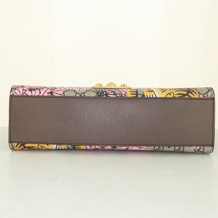 Borsa a tracolla Gucci Padlock Bengal in tela monogram cerata con motivo e pelle marrone - Detail D5