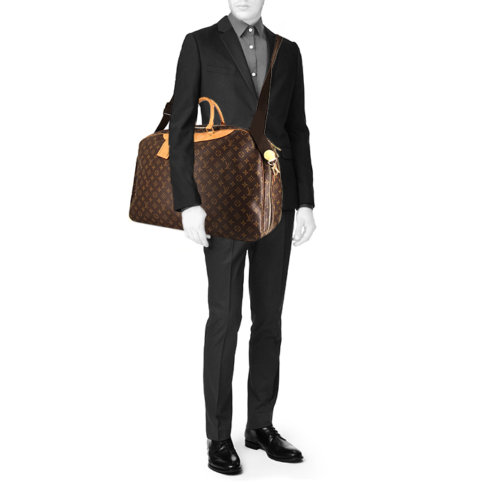 Sac de voyage Louis Vuitton Alize en toile monogram enduite marron et cuir naturel - Detail D2