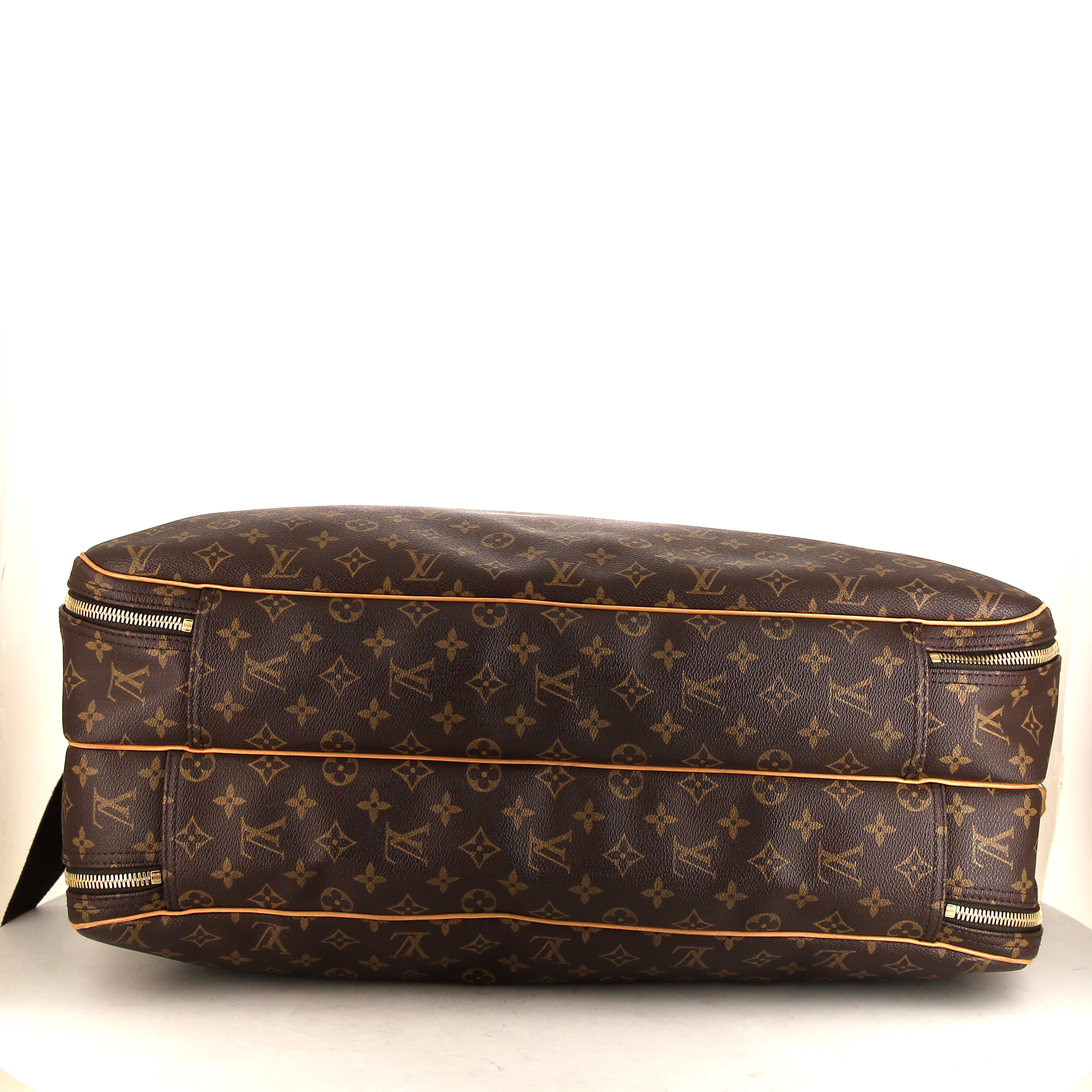 Sac de voyage Louis Vuitton Alize en toile monogram enduite marron et cuir naturel - Detail D5