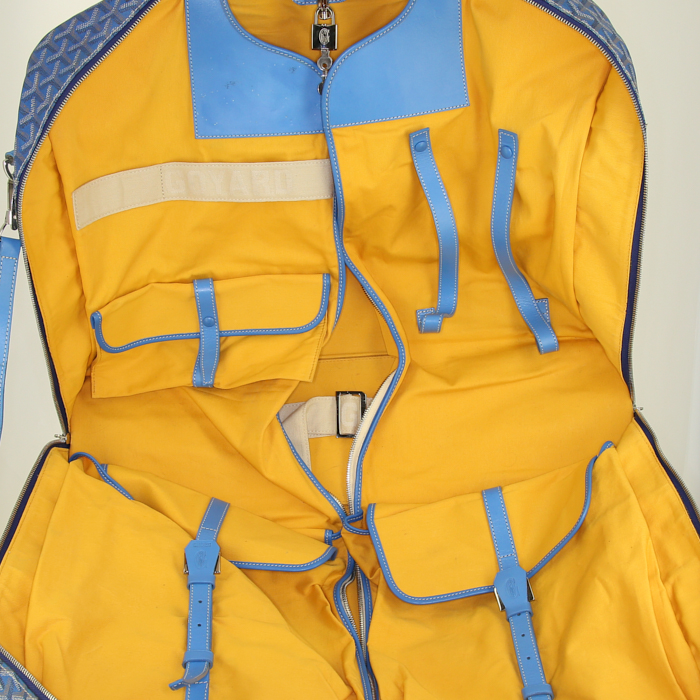 Funda protectora para ropa Goyard Garment en tela Goyardine azul y cuero azul - Detail D3