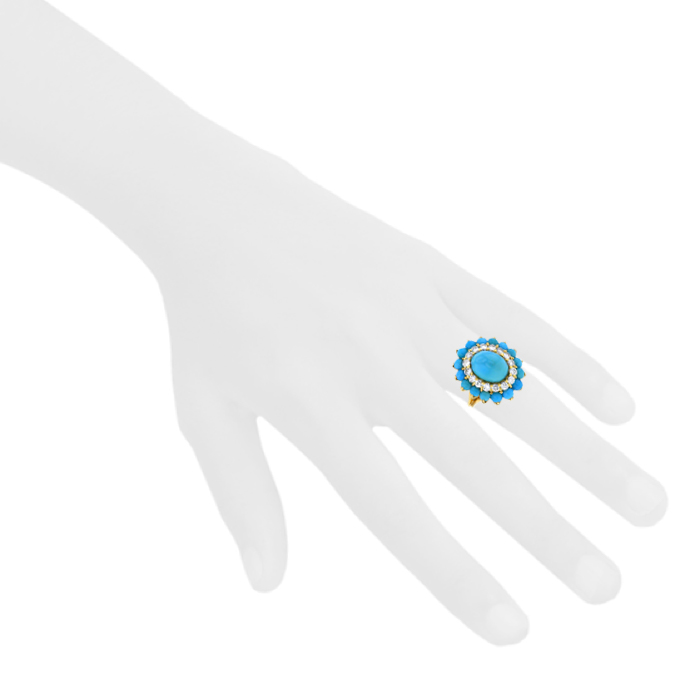 Bague époque années 60 Boucheron en or jaune,  turquoises et diamants - Detail D1