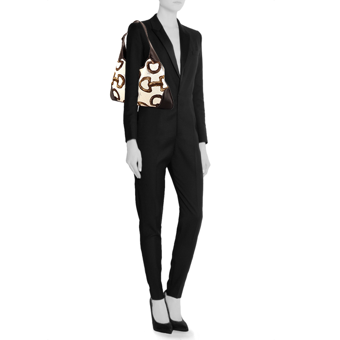 Borsa Gucci Jackie in tela beige con motivo e pelle marrone - Detail D1