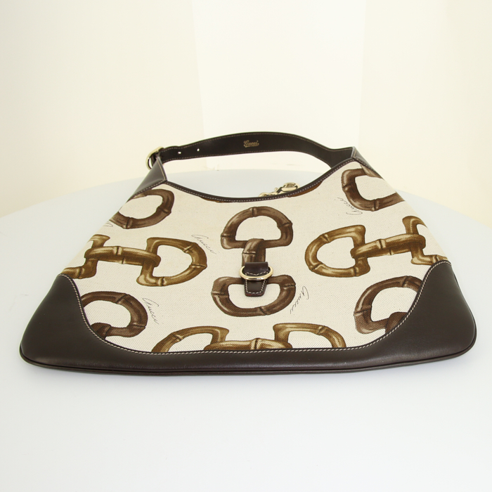 Borsa Gucci Jackie in tela beige con motivo e pelle marrone - Detail D4