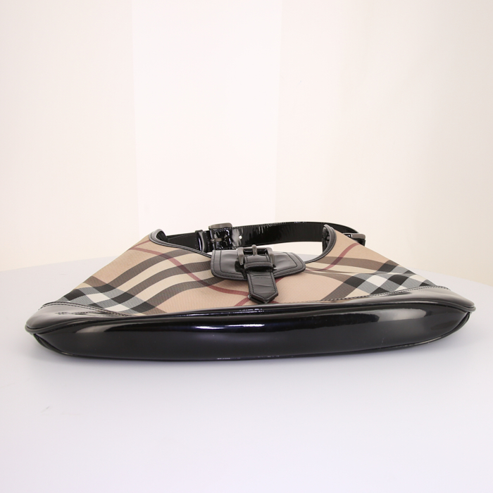 Bolso bandolera Burberry Brook en lona Haymarket beige y charol negro - Detail D4