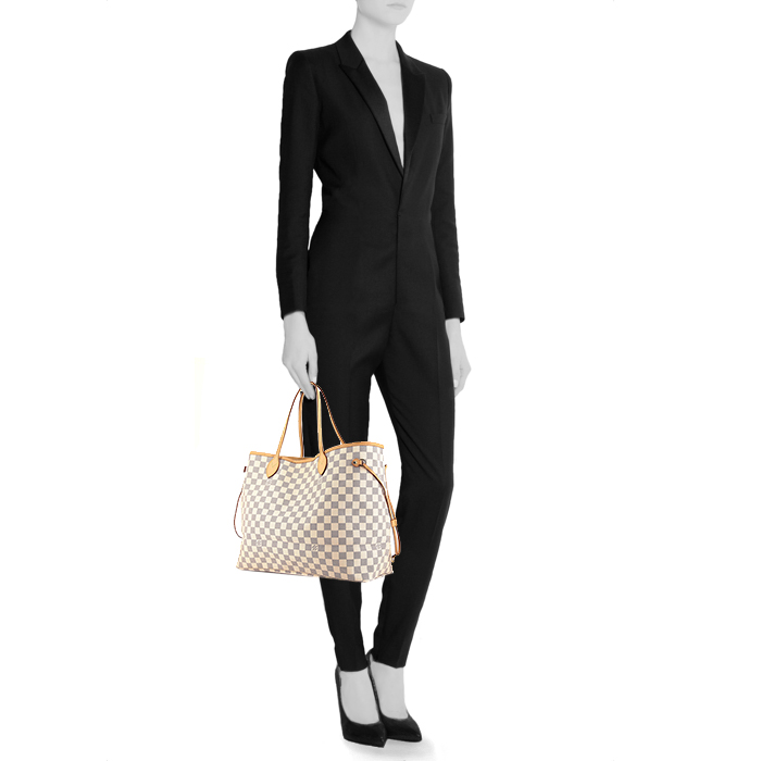 Shopping bag Louis Vuitton Neverfull modello grande in tela cerata con motivo a scacchi e pelle naturale - Detail D1