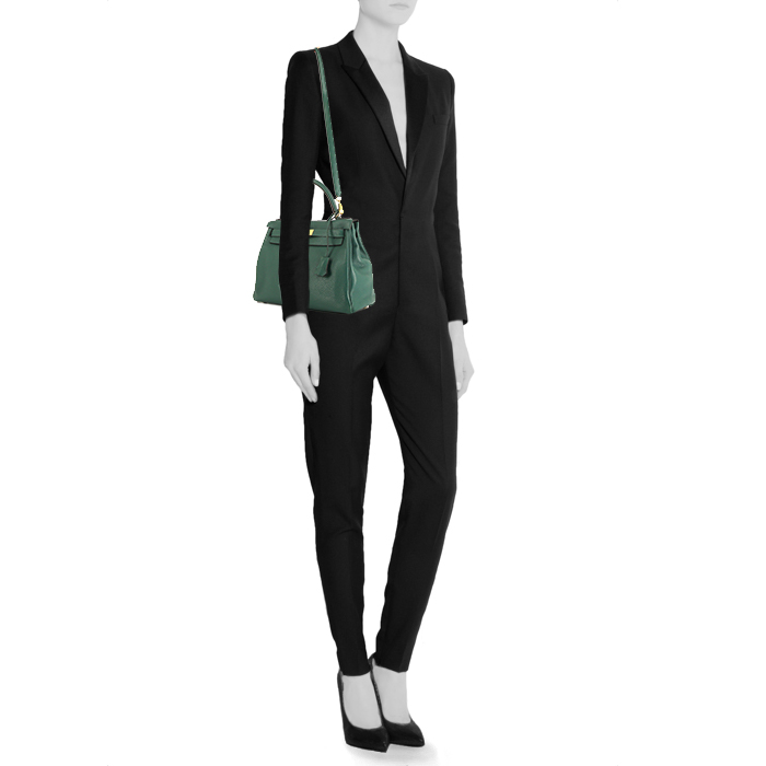Sac à main Hermes Kelly 28 cm en cuir togo vert-malachite - Detail D2
