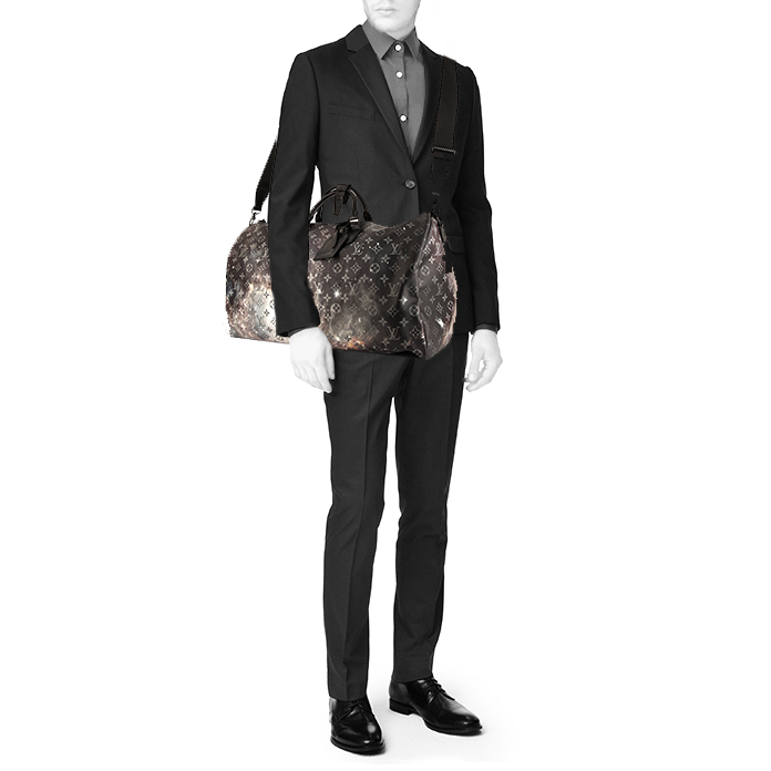 Borsa da viaggio Louis Vuitton Keepall 50 cm Galaxy in tela monogram grigia con motivo e pelle nera - Detail D2