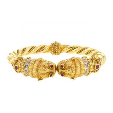 Bracelet jonc Lalaounis en or jaune,  diamants et rubis