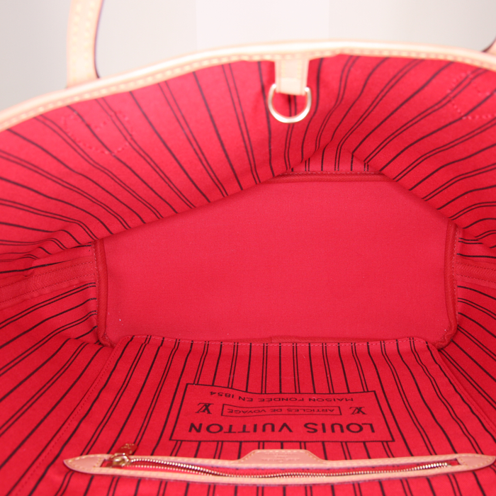 Bolso Cabás Louis Vuitton Neverfull Editions Limitées en lona Monogram revestida marrón, azul y roja - Detail D2