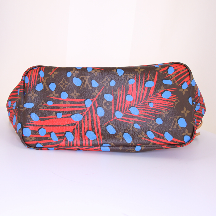 Shopping bag Louis Vuitton Neverfull Editions Limitées in tela monogram cerata marrone blu e rossa a fiori - Detail D4