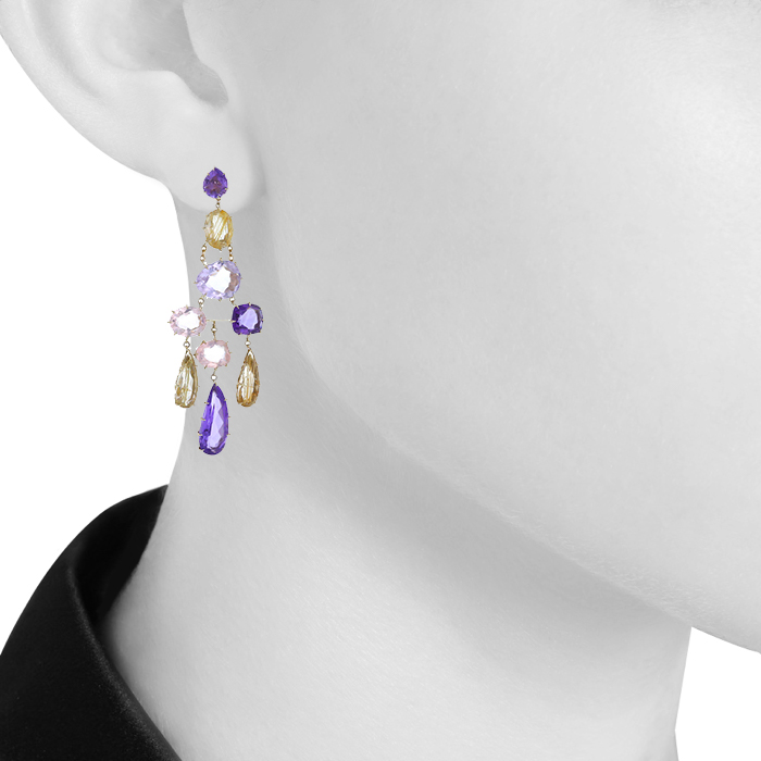 Paire de pendants d'oreilles H. Stern grand modèle en or jaune,  pierres de couleurs et quartz cheveux de Vénus - Detail D1