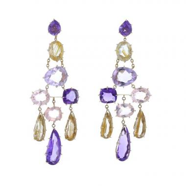 Paire de pendants d'oreilles H. Stern grand modèle en or jaune,  pierres de couleurs et quartz cheveux de Vénus