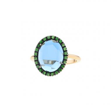 Bague Pomellato Colpo Di Fulmine grand modèle en or rose,  topaze bleue et tsavorites