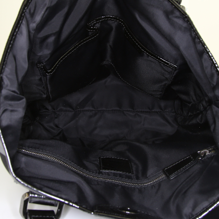 Borsa Burberry Victoria in tela Haymarket nera beige e bianca e pelle verniciata nera - Detail D2