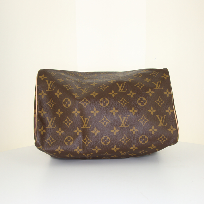 Bolso de mano Louis Vuitton Speedy 30 en lona Monogram marrón y cuero natural - Detail D4