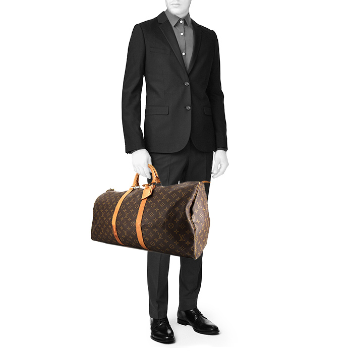 Louis Vuitton Keepall 55 cm travel bag in brown monogram canvas and natural leather - Detail D1