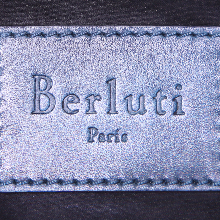 Shopping bag Berluti in tela marrone e pelle blu - Detail D3