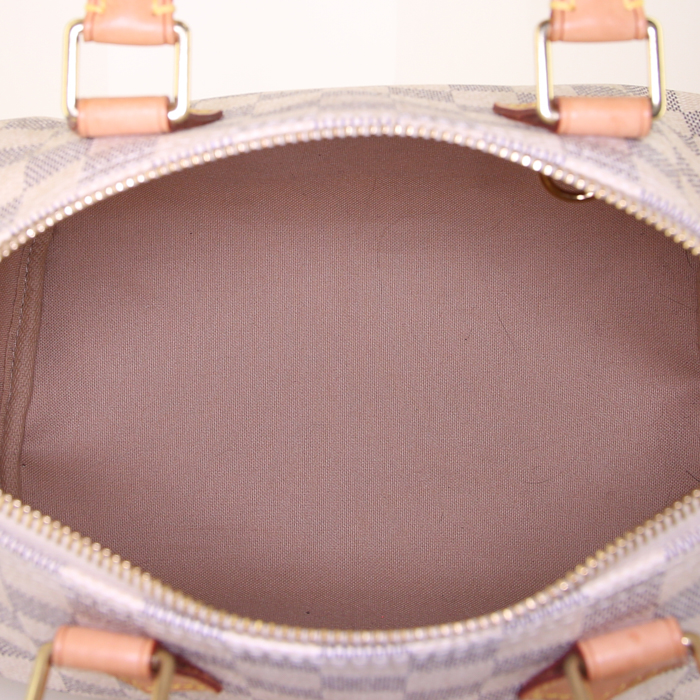 Sac à main Louis Vuitton Speedy 25 cm en toile damier azur et cuir naturel - Detail D2