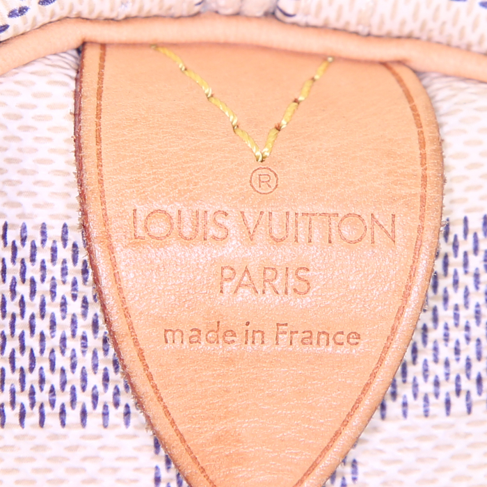 Sac à main Louis Vuitton Speedy 25 cm en toile damier azur et cuir naturel - Detail D3