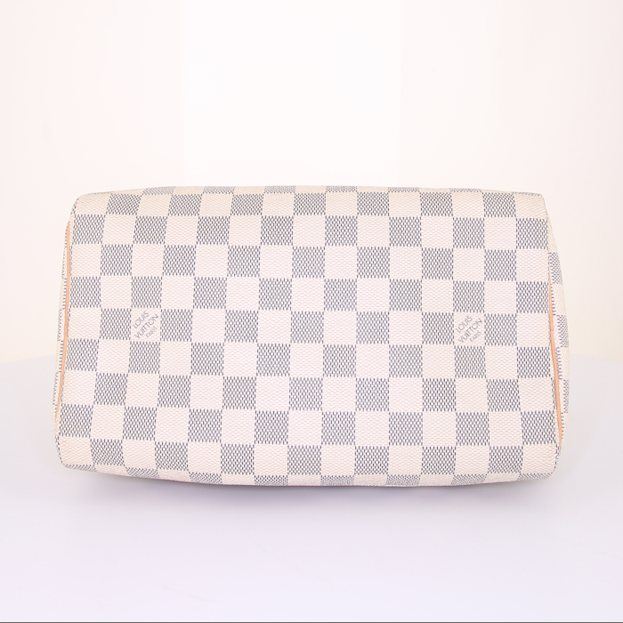 Sac à main Louis Vuitton Speedy 25 cm en toile damier azur et cuir naturel - Detail D4