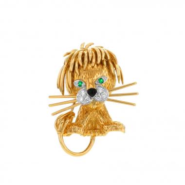 Spilla-ciondolo Van Cleef & Arpels Lion Ebouriffé modello piccolo in oro giallo,  smeraldo e onice