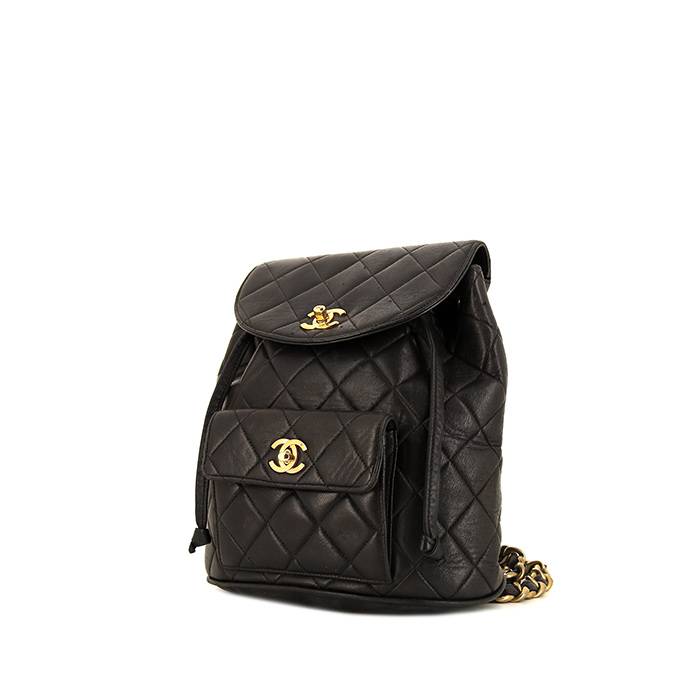 Chanel Black Leather 1990's Vintage Diamond Quilted Drawstring
