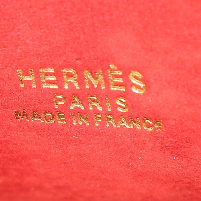 Sac bandoulière Hermes Bolide grand modèle en twill de soie multicolore rouge vert et jaune et veau doblis rouge - Detail D4