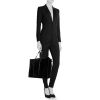Balenciaga Bazar shopper shopping bag in black synthetic furr and black leather - Detail D1 thumbnail