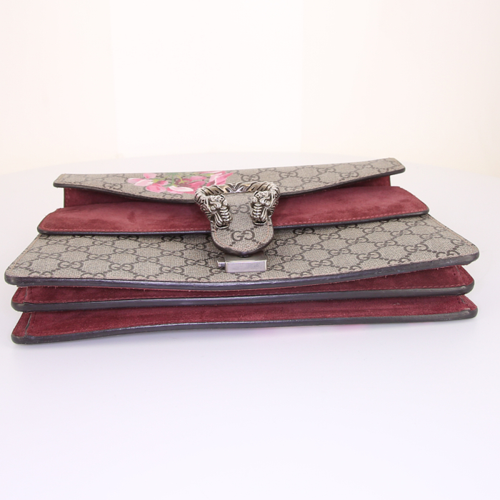 Gucci Dionysus handbag in beige monogram canvas and burgundy suede - Detail D5