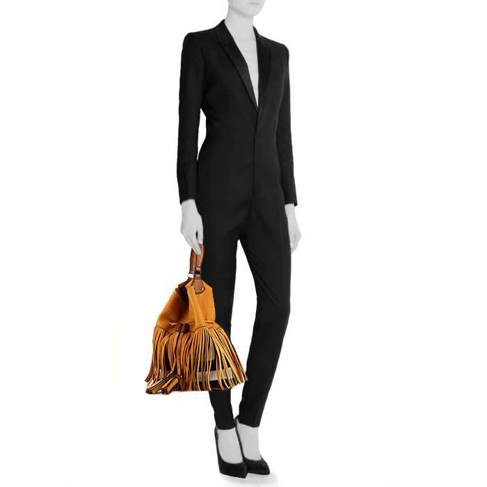 Sac cabas Burberry Susanna en daim bicolore jaune et marron et toile Haymarket beige - Detail D1