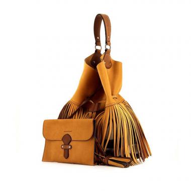 Shopping bag Burberry Susanna in camoscio bicolore giallo e marrone e tela Haymarket beige