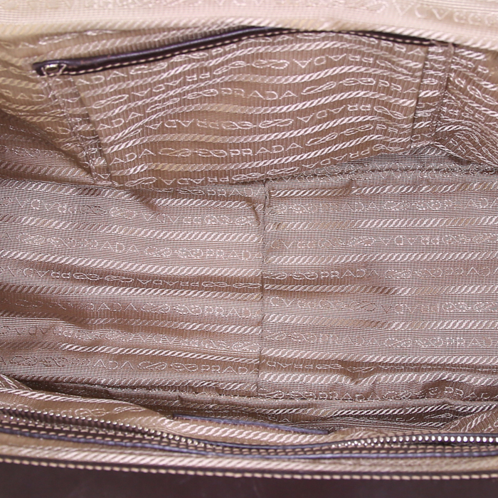 Prada Jacquard bag worn on the shoulder or carried in the hand in khaki logo canvas and dark brown leather - Detail D2