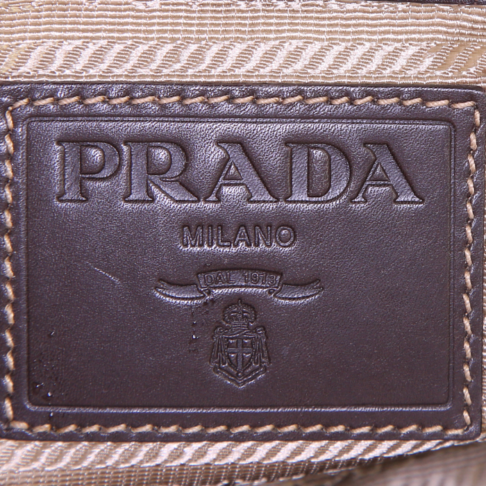 Prada Jacquard bag worn on the shoulder or carried in the hand in khaki logo canvas and dark brown leather - Detail D3