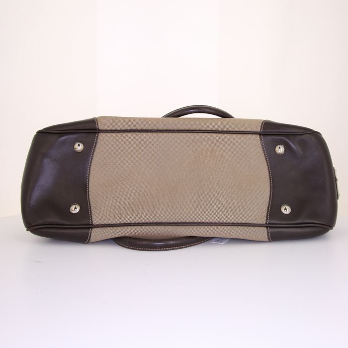 Sac porté épaule ou main Prada Jacquard en toile siglée vert-kaki et cuir marron-foncé - Detail D4