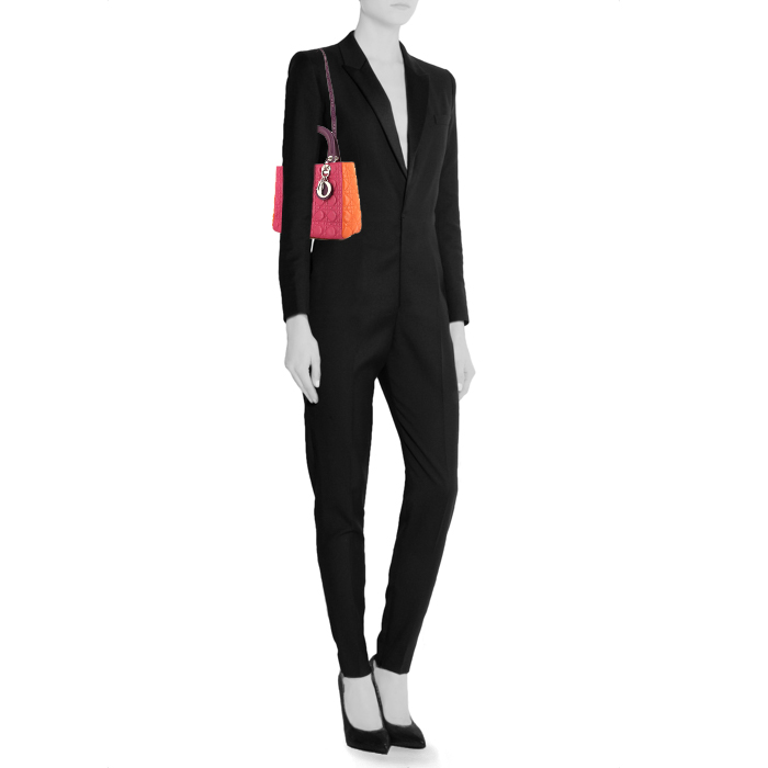 Dior Lady Dior medium model handbag in pink, orange and plum tricolor leather cannage - Detail D2