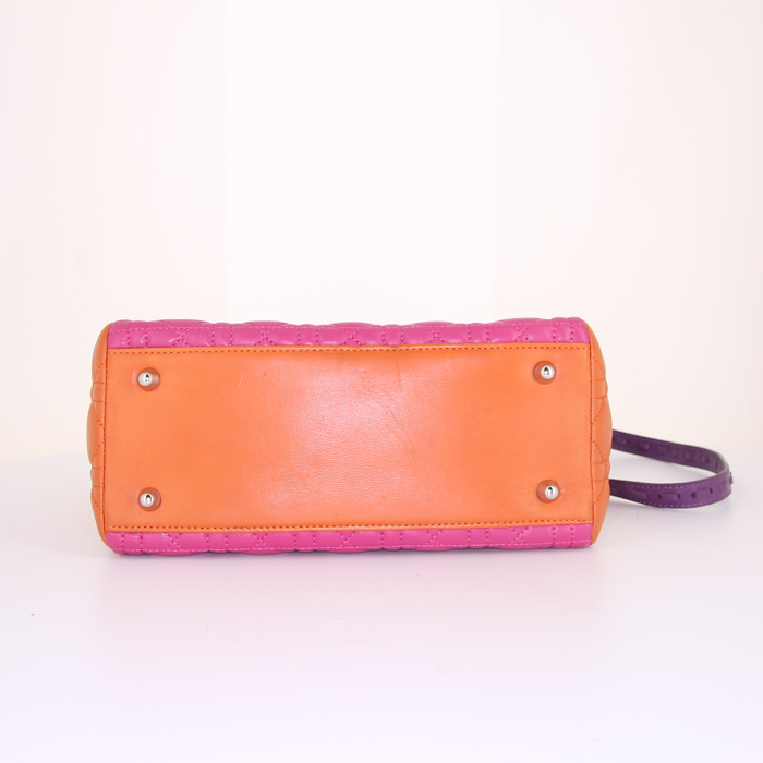 Dior Lady Dior medium model handbag in pink, orange and plum tricolor leather cannage - Detail D5