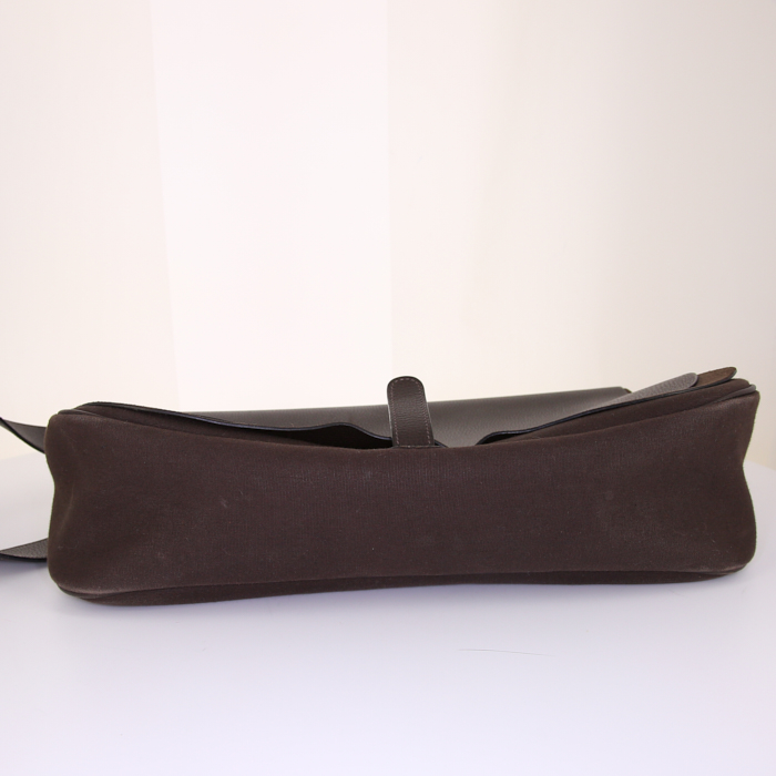 Borsa bisaccia Hermes Colorado modello grande in pelle martellata marrone e tela marrone - Detail D4